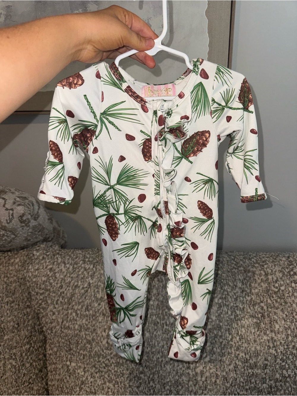 Ruffle-Front Cream Pinecone Print Footie for Kids